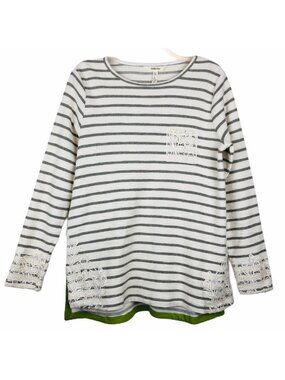 Matilda Jane Striped Tunic Grey Ivory Lace Trim Long Sleeve Green Hem Small